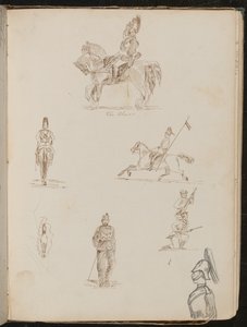 Zes Studies van Soldaten, Eén te Paard Ingeschreven "de Blues", Kleine Studie van Paard van Voor door Lady Butler