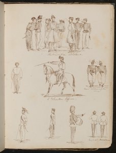 Studies van acht soldaten met opschrift 