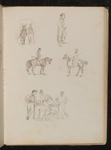 Studies van mannelijke figuren met paarden, studie van een rokende soldaat met zwaard, studie van drie fruitverkopers met kraam door Lady Butler