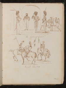 Studies van soldaten met inscriptie "Keizerlijke Garde", soldaten te paard met vlaggen met inscriptie "Franse Lansiers" door Lady Butler