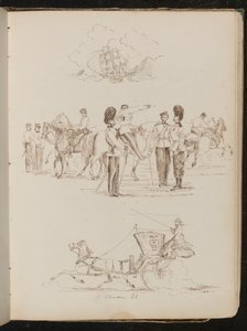 Studie van een schip op water, studie van acht soldaten en vijf paarden, studie van een paard en wagen met vrouwelijke ruiter door Lady Butler