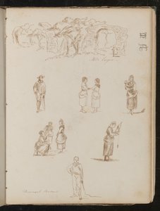 Studie van landschap met bomen en ruïnes met opschrift 