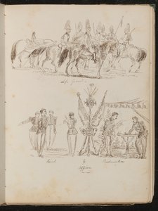 Studie van soldaten te paard met inscriptie "Life Guards", studie van groepen soldaten met vlaggen, rokend en drinkend door Lady Butler
