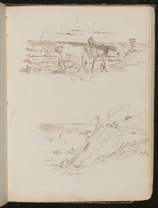 Studie van twee paarden in landschap met inscriptie "Wilde Paarden", studie van kustlandschap en klif met inscriptie "een zigzagweg" door Lady Butler