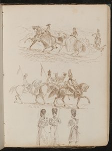 Studie van twee vrouwen en een man rijdend in heuvelachtig landschap, studie van soldaten te paard, studie van drie wachters in gesprek door Lady Butler