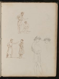 Twee penstudies van paren soldaten in gesprek, een potloodstudie van twee jonge mannen in gesprek door Lady Butler
