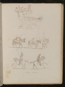 Waterfontein in gebladerte, studie van drie verbonden pakpaarden, studie van twee soldaten te paard met inscriptie "Novare Lancers" door Lady Butler