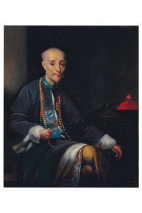 Portret van Houqua, driekwart lengte, zittend, in een interieur door Lam Qua (attr. to)