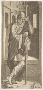 Sint Jacobus Major leunend op een paal voor een nis, zijn linkerbeen over zijn rechter gekruist, 1545
