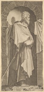 St. Jacobus Minor in een gebogen nis, met een wandelstok in zijn handen