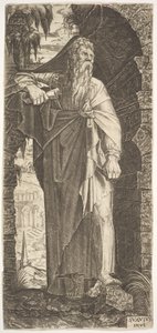 Sint Paulus staand onder een overwoekerde boog, zijn linkervoet op een rots, zijn rechterhand..., 1545