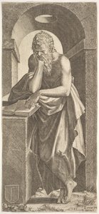 St. Simon voor een open boek met de vingers van zijn linkerhand erop gedrukt, 1545 door Lambert Suavius