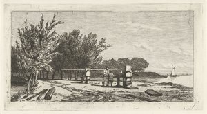 Man en jongen langs de oever van een rivier door Lambertus  Hardenberg