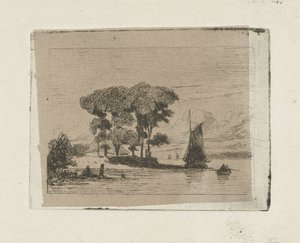 Rivierlandschap met zeilboot en bomen door Lambertus  Hardenberg
