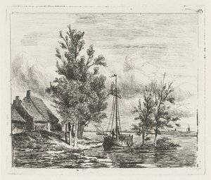 Rivierlandschap met zeilschip en boerderij