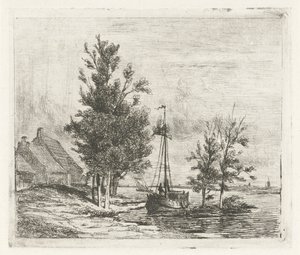 Rivierlandschap met zeilschip en boerderij