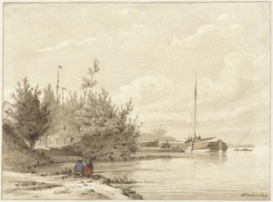Landschap met gemeerde Boten aan een Rivieroever