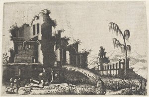Landschap met begroeide ruïnes en reizigers