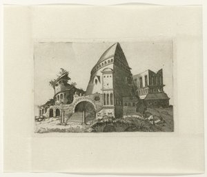 Ruïne met piramidevormige toren Ruinarum variarum fabricarum delineationes pictoribus caeterisque id genus artificibus multum utiles (serie titel)