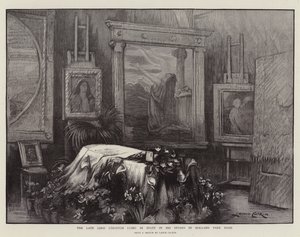 De overleden Lord Leighton opgebaard in zijn studio in Holland Park Road
