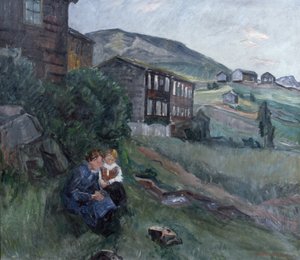 Uit Gudbrandsdalen, vrouw en kind in landschap door Lars Jorde