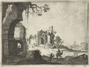 Twee ruïnes in een landschap