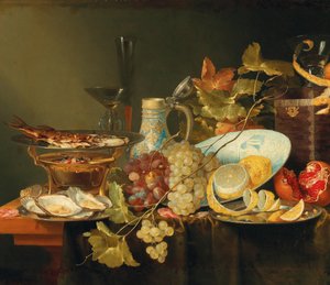 Stilleven van fruit, een chinees porseleinen kommetje en een vis op een fornuis