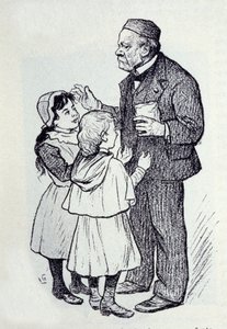 Portret van Louis Pasteur, Franse chemicus en natuurkundige die snoepjes uitdeelt aan de kinderen van het Instituut. Schets door Lucien Laurent-Gsell.