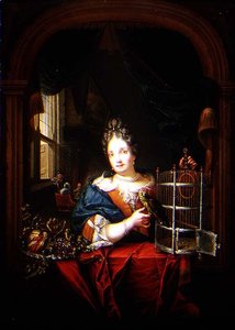 Portret van een Vrouw met een Papegaai door Laureys Goubau