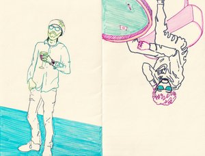 double trouble, 2024 (marker op getint papier) door Laurie Michaels