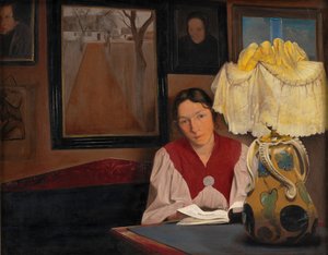 De vrouw van de kunstenaar bij lamplicht