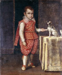 Portret van een jongen, in volledige lengte, gekleed in een rood kostuum met zilveren borduursels, die de poot van een spaniël op een tafel vasthoudt door Lavinia Fontana