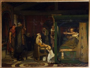 Fredegonde (ca. 545-597), koningin van Neustrië, bezoekt bisschop Pretextat van Rouen (overleden in 586) op zijn sterfbed door Lawrence Alma Tadema