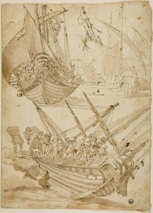Bemanning verlaat schip (recto) Schetsen van Korinthische zuilen (verso) door Lazzaro Tavarone