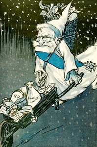 De kerst voor grote kinderen - Franse president Emile Loubet verkleed als kerstman met een kruiwagen vol cadeaus voor de volwassenen. 1905. door Leal de Camara