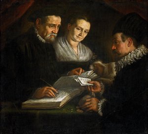 De geldwisselaar Orazio Lago, zijn vrouw en een klant door Leandro da Ponte Bassano
