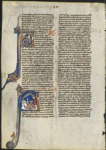 Blad uit een Latijnse Bijbel: Initiaal A en Initiaal A: Judith onthoofdt Holofernes, c. 1230-1240 door Leber Group