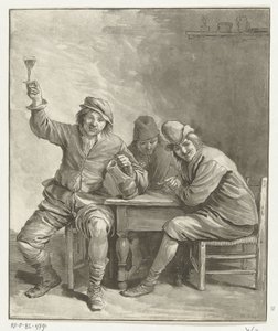 Drie mannen aan tafel roken en drinken door Leendert Brasser (signed by artist)