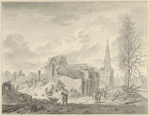 Gezicht op het Rapenburg te Leiden na de Buskruitramp van 12 januari 1807 door Leendert Overbeek