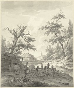 Landschap met op de voorgrond een varkenskot