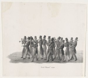 Muzikanten in de optocht van de Leidse studenten, 1835