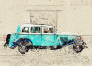 Schets van een klassieke blauwe auto