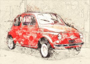 Schets van een rode oldtimer door Lembayung senja studio [Vintage Poster]