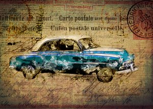 Retro blauwe auto-ansichtkaart