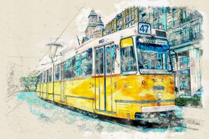 Stedelijke tram in aquarel door Lembayung senja studio [Vintage Poster]