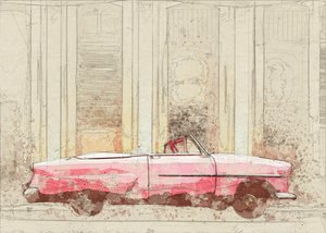 Schets van een vintage roze cabriolet door Lembayung senja studio [Vintage Poster]