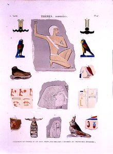 Illustraties van geschilderde reliëfs op stenen en houten fragmenten Hypogees, Thebe, plaat 47 uit Vol II van 