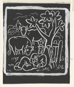 Boer rustend onder een boom in een weiland met koeien door Leo Gestel (signed by artist)