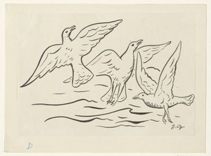 Drie vogels in de lucht boven zee door Leo Gestel (signed by artist)