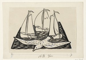 Drie zeilschepen en een zeemeeuw door Leo Gestel (signed by artist)